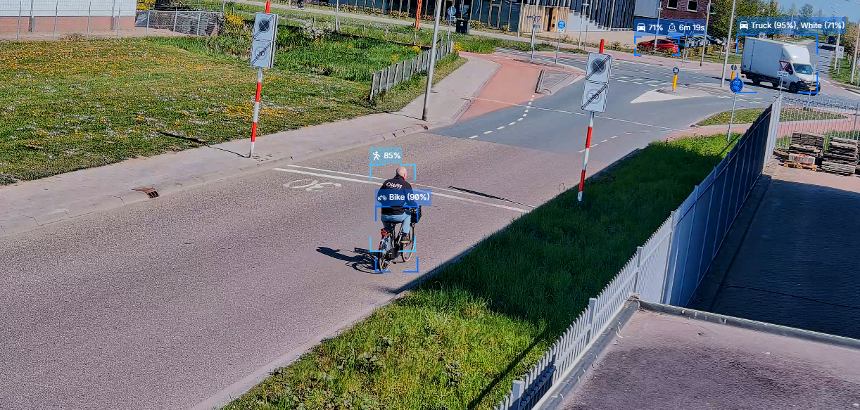 Live AI-detectie op een camerabeeld: een fietser herkend als persoon (85%) op een fiets (90%) en een witte vrachtwagen (95%), met verblijftijd &mdash; installatie van Veiligergevoel.