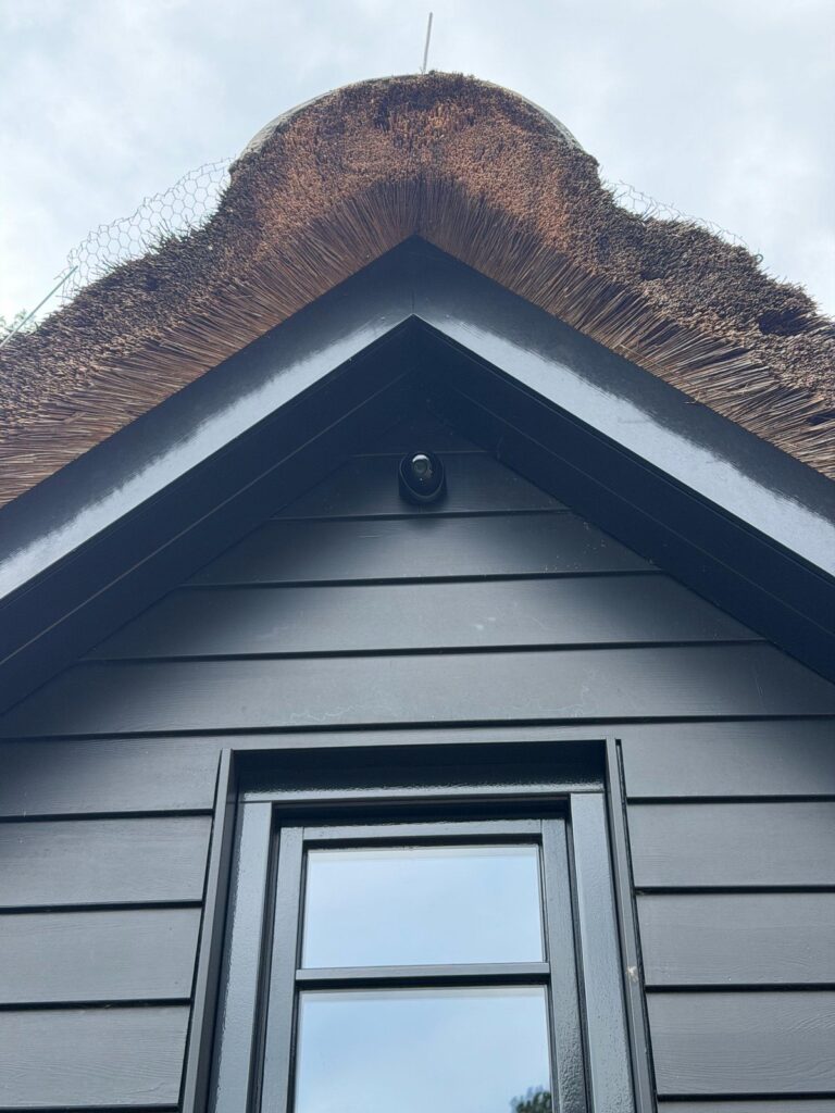 Camera in de nok van een bijgebouw met rieten dak