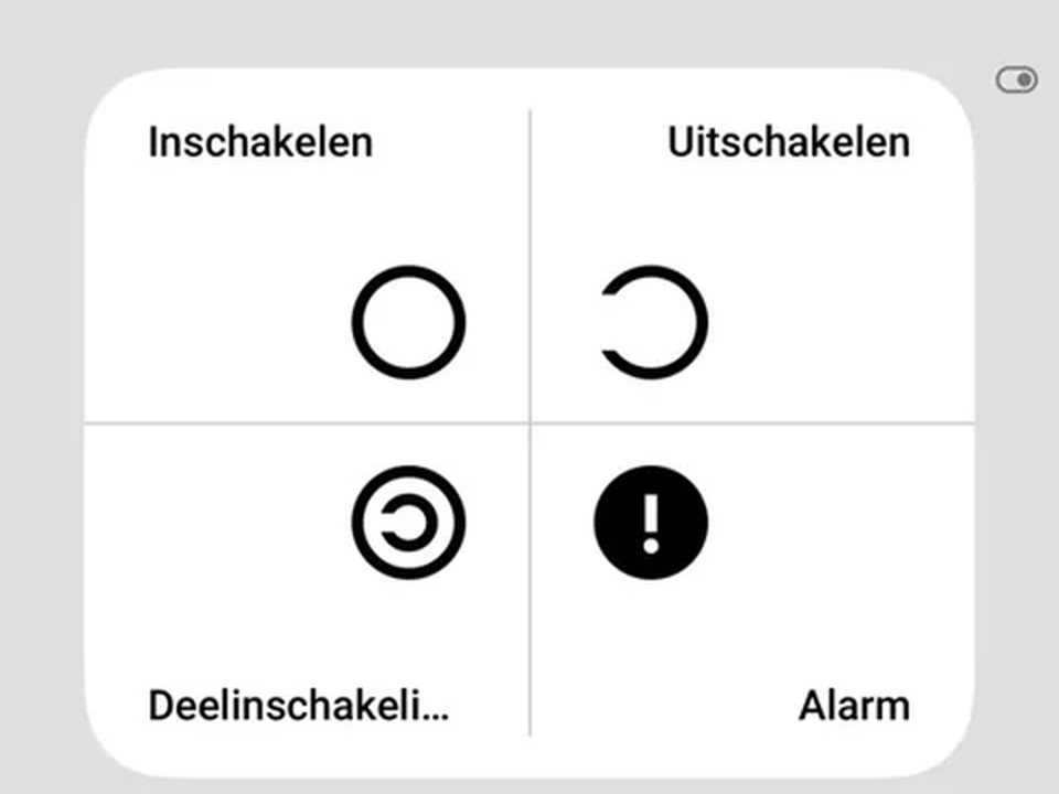 Scherm van de alarm-app met inschakelen, uitschakelen en deelinschakelen