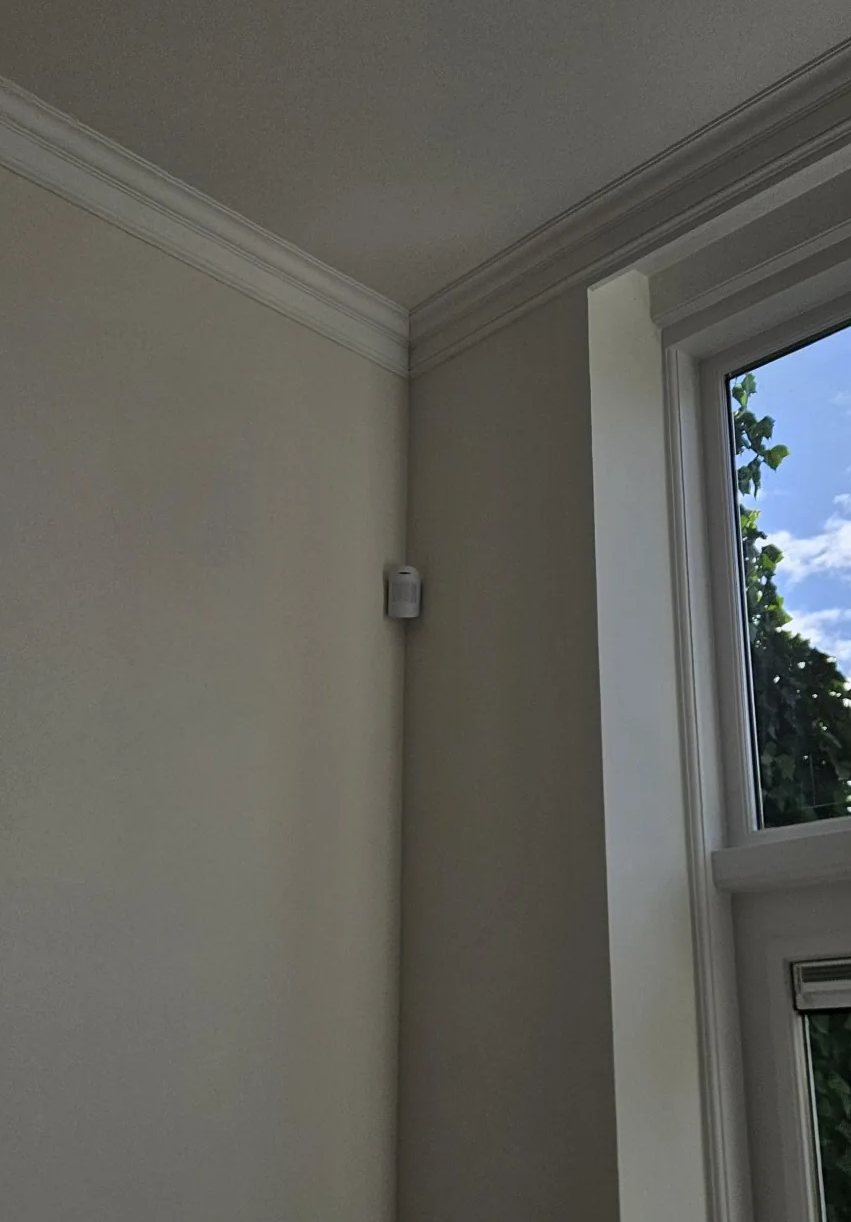Kleine witte melder hoog in de hoek van een woonkamer, vlak onder de sierlijst